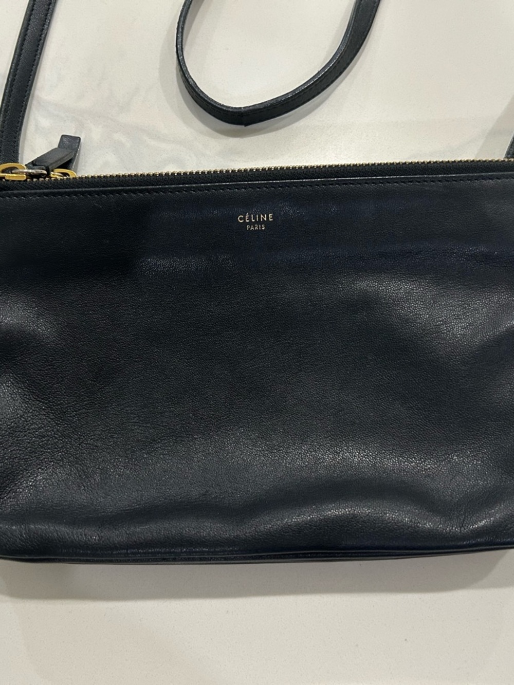 Celine Trio Black Leather Crossbody Bag with Gold Hardware